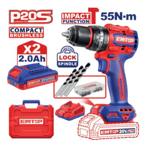 COMPACT BRUSH CORDLESS IMPACT DRILL 20V SPEED 0-500/0-2000RPM 55NM ECIDL20558 EMTOP