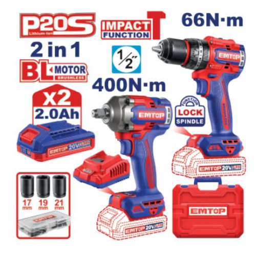 Cordless  2PCS Combo Kit 20V Speed 0-500/0-2000RPM 66NM ECKL20275 EMTOP