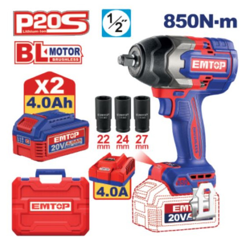 CORDLESS IMPACT WRENCH 20V SPEED 0-1600/0-2100/0-2400RPM 850NM LED ECIWL2085 EMTOP