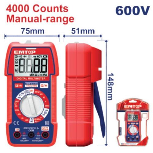 DIGITAL MULTIMETER DISPLAY:TRUR RMS 4000 COUNTS  DC CURRENT:40mA/400mA /10A EDMR536002 EMTOP