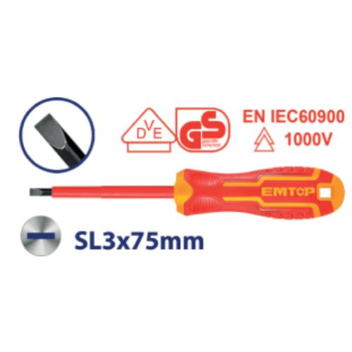 INSULATED SCREWDRIVER SL3.0X75MM ESDRJ3075 EMTOP