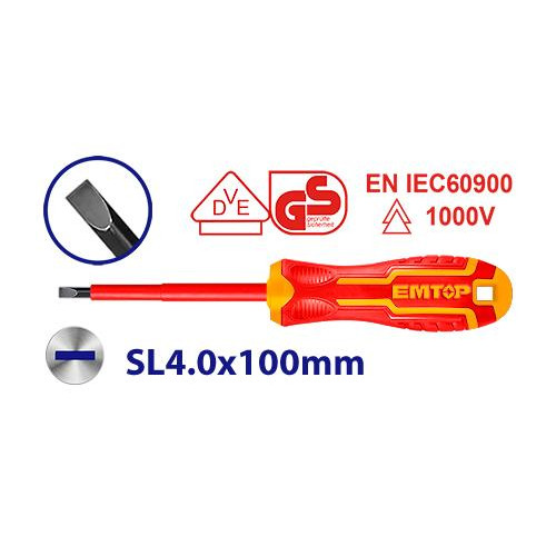 INSULATED SCREWDRIVER SL4.0*100MM ESDRJ4100 EMTOP