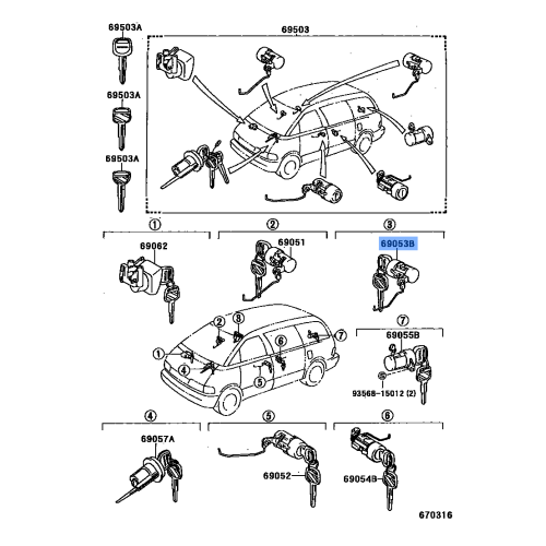 Cylinder & Key Set, Slide Door Lock, RH - Toyota Hiace (RZH103 LH103 RZH102)