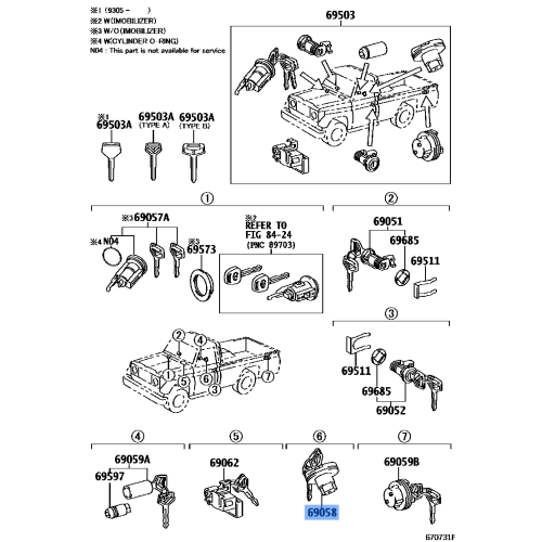 Toyota Cylinder and Key Set Fuel Filler Lid 69058-60141 OEM