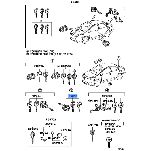 Toyota Yaris Sedan Driver Door Lock Cylinder & Key Set (69052-52350)
