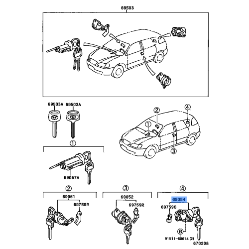 Toyota Coaster Rear Trunk Luggage Cylinder Key Lock Set 69055-36011