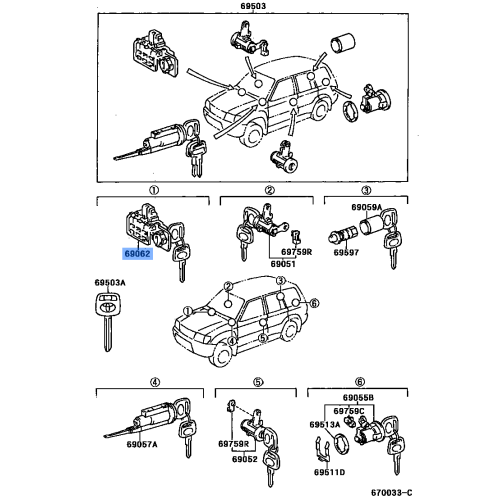 Glove Compartment Lock Cylinder & Key Set - Toyota 69056-22090