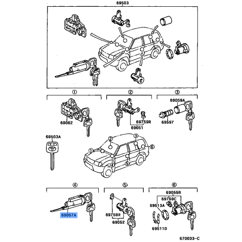 Cylinder & Key Set, Ignition Switch Lock - Toyota 69057-06071